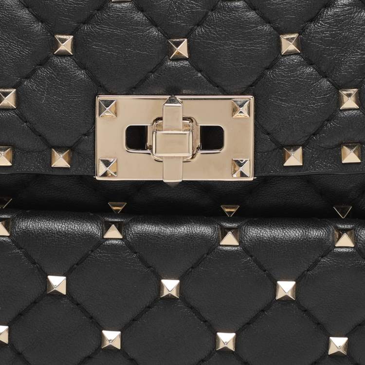 Pre Owned Valentino Black Quilted Leather Medium Rockstud Spike Top Handle Bag