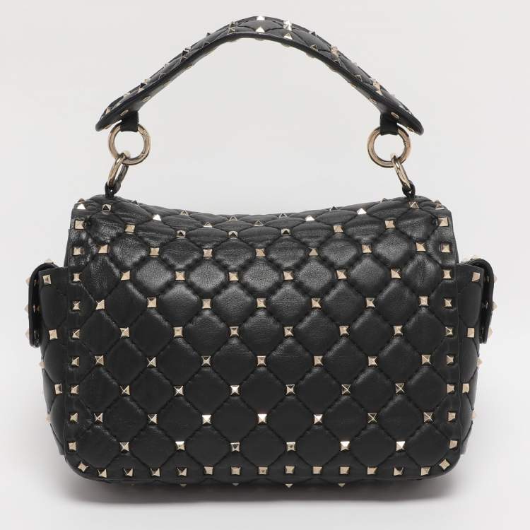 Pre Owned Valentino Black Quilted Leather Medium Rockstud Spike Top Handle Bag