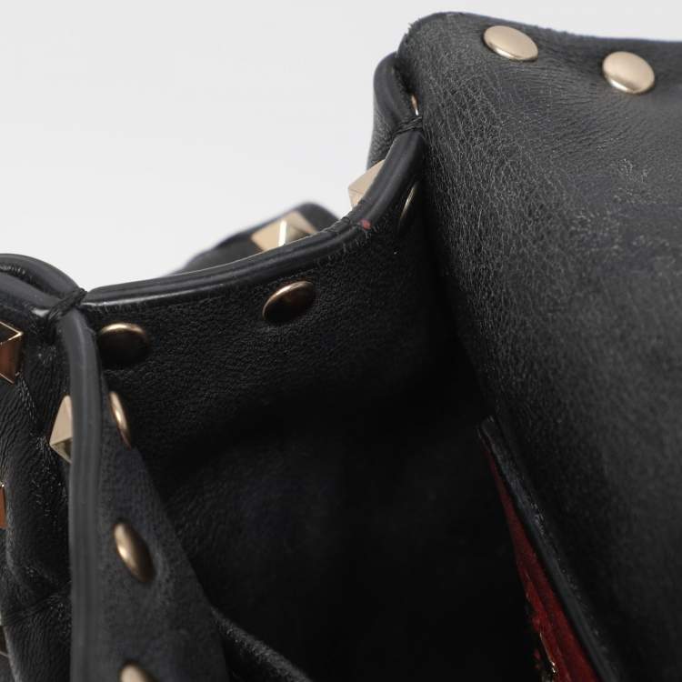 Pre Owned Valentino Black Quilted Leather Medium Rockstud Spike Top Handle Bag