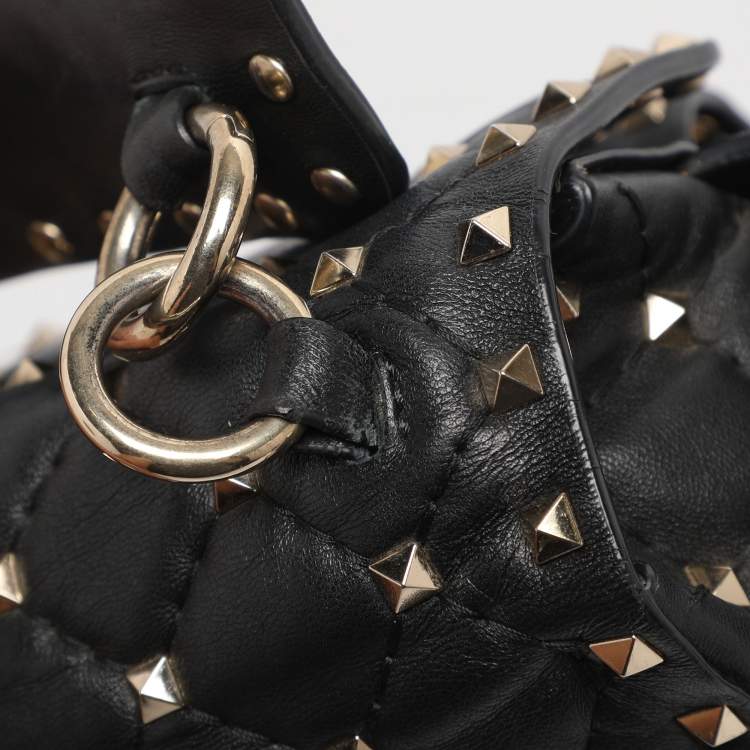 Pre Owned Valentino Black Quilted Leather Medium Rockstud Spike Top Handle Bag