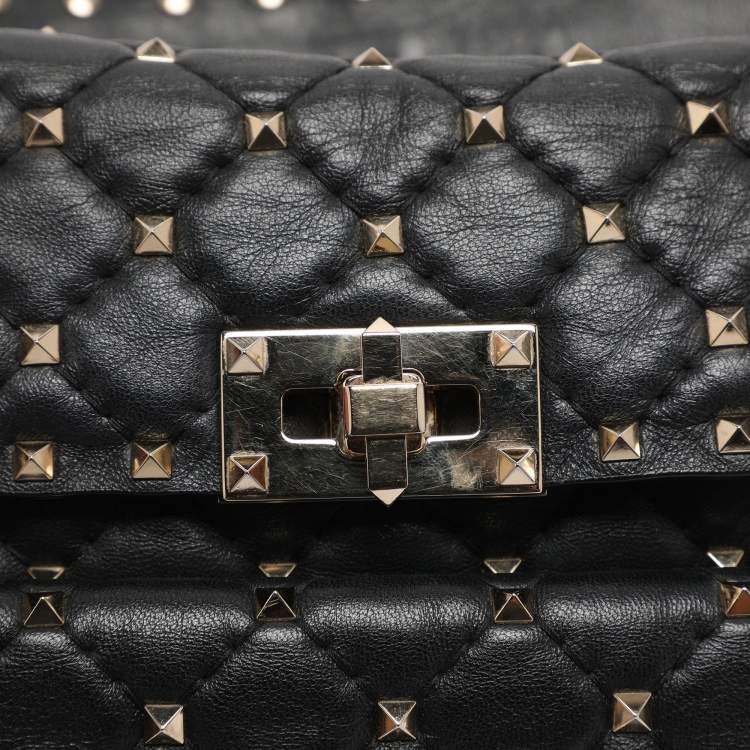 Pre Owned Valentino Black Quilted Leather Medium Rockstud Spike Top Handle Bag