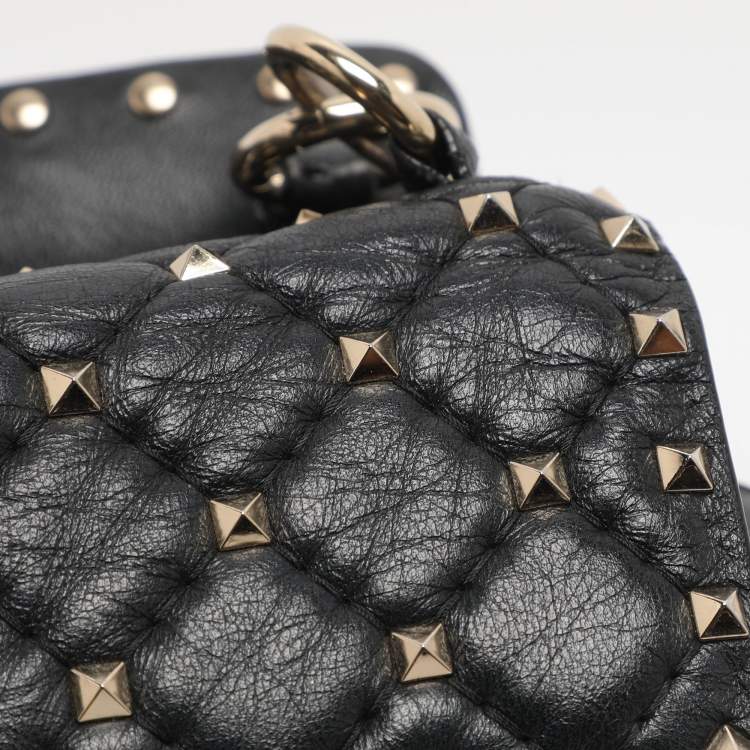 Pre Owned Valentino Black Quilted Leather Medium Rockstud Spike Top Handle Bag