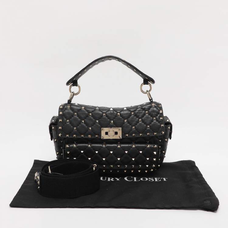 Pre Owned Valentino Black Quilted Leather Medium Rockstud Spike Top Handle Bag