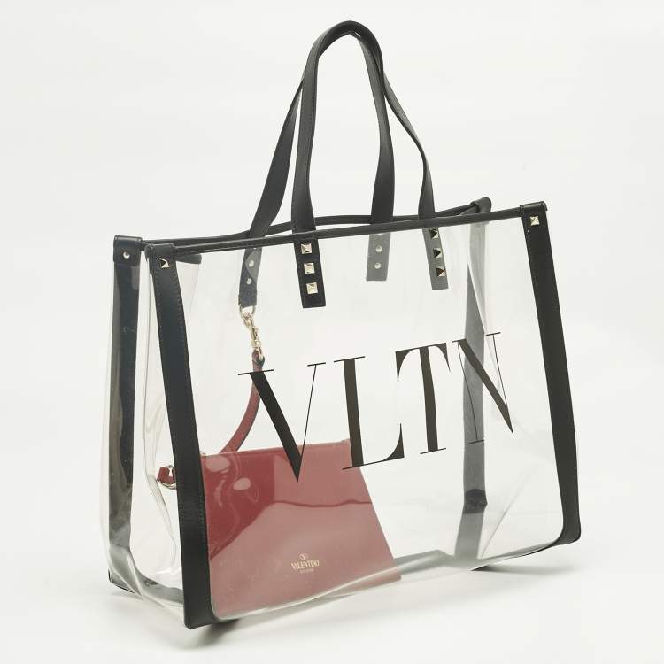 Pre Owned Valentino Black/Red Leather and PVC VLTN Rockstud Tote
