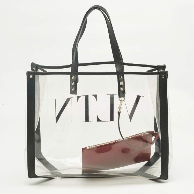 Pre Owned Valentino Black/Red Leather and PVC VLTN Rockstud Tote