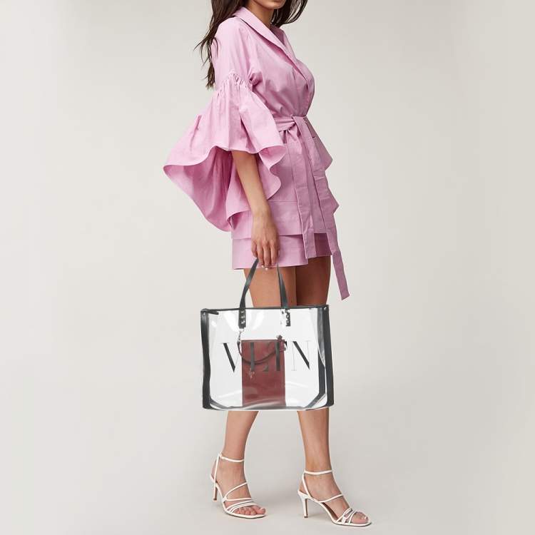 Pre Owned Valentino Black/Red Leather and PVC VLTN Rockstud Tote