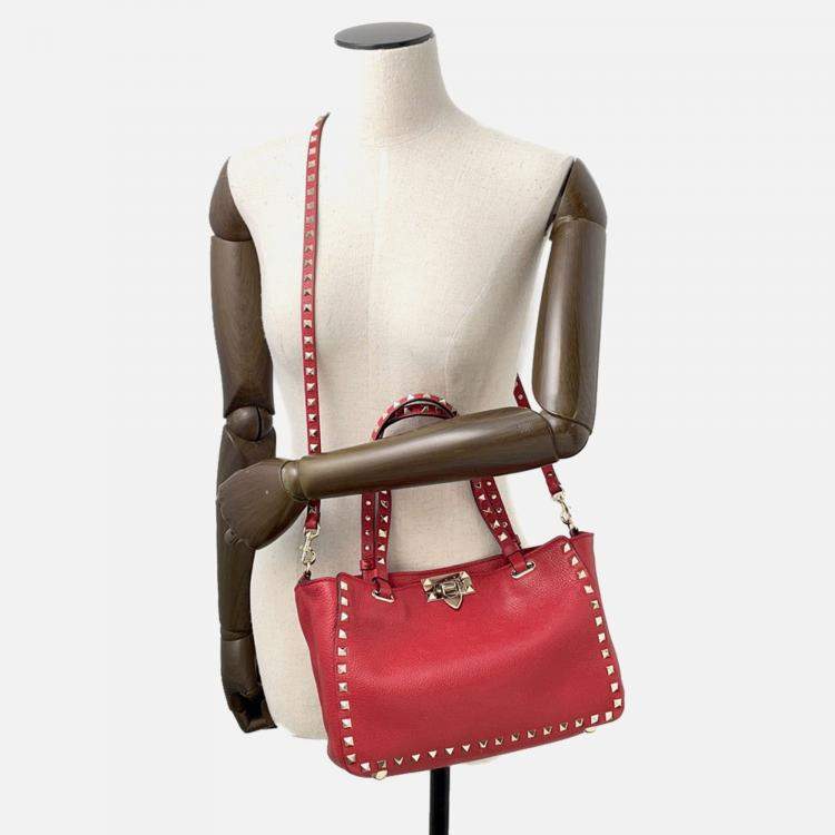 Pre Owned Valentino Garavani Rock Studded 2-Way Shoulder Bag Red Leather