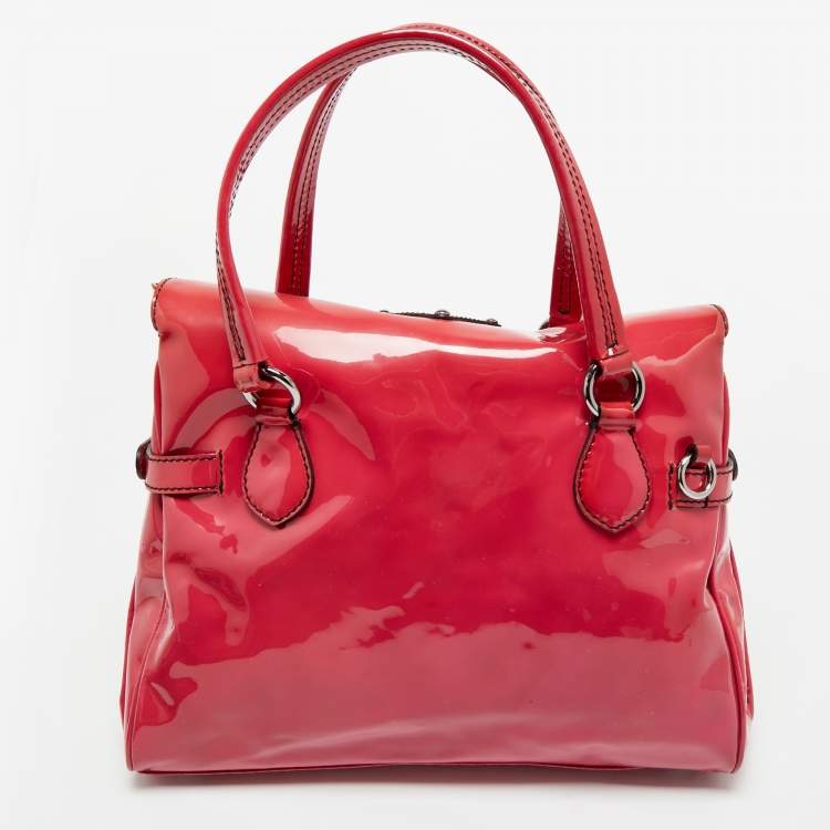 Pre Owned Valentino Fuchsia Patent Leather Crystal VLogo Satchel