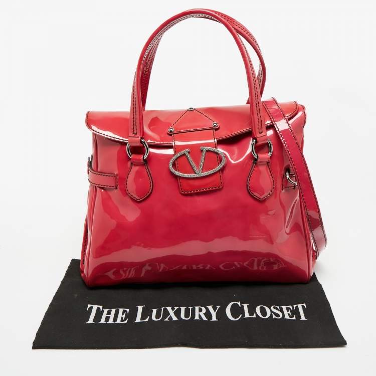 Pre Owned Valentino Fuchsia Patent Leather Crystal VLogo Satchel