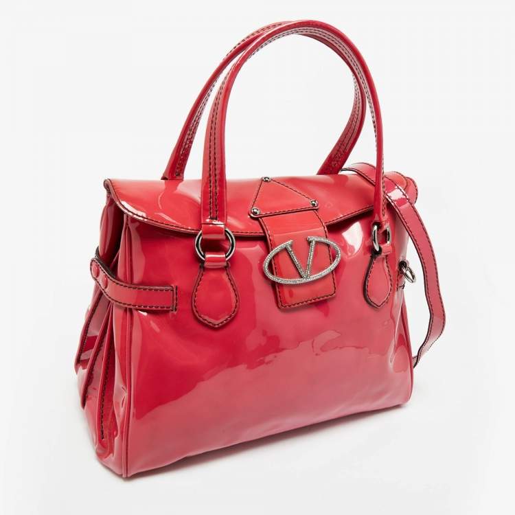 Pre Owned Valentino Fuchsia Patent Leather Crystal VLogo Satchel