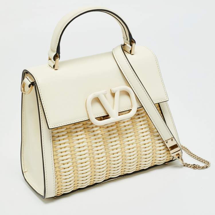 Pre Owned Valentino White/Cream Leather and Raffia Woven VSling Top Handle Bag