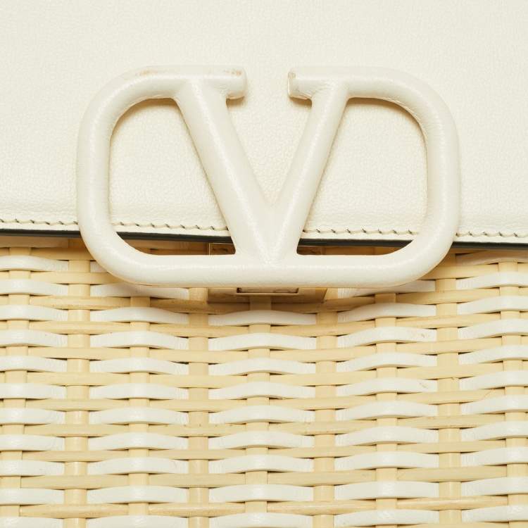 Pre Owned Valentino White/Cream Leather and Raffia Woven VSling Top Handle Bag