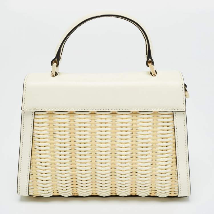 Pre Owned Valentino White/Cream Leather and Raffia Woven VSling Top Handle Bag