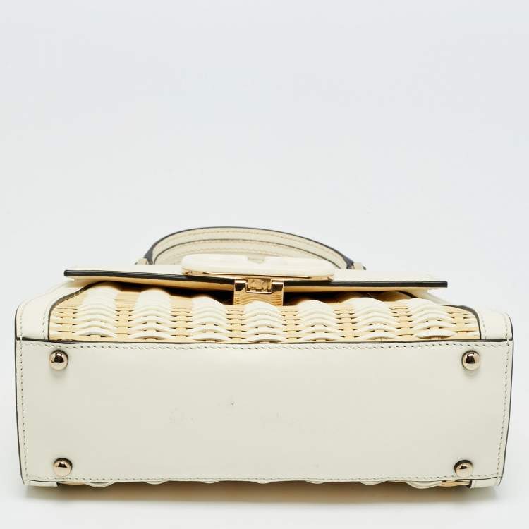 Pre Owned Valentino White/Cream Leather and Raffia Woven VSling Top Handle Bag