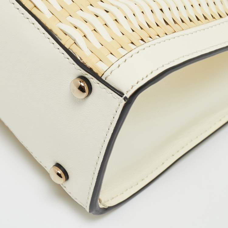 Pre Owned Valentino White/Cream Leather and Raffia Woven VSling Top Handle Bag