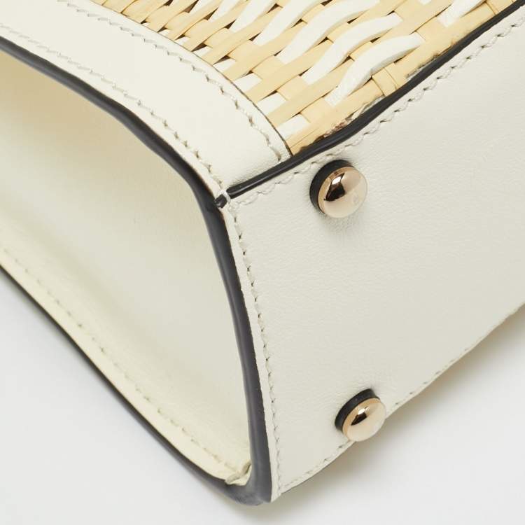 Pre Owned Valentino White/Cream Leather and Raffia Woven VSling Top Handle Bag