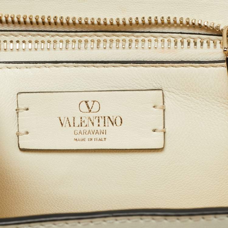 Pre Owned Valentino White/Cream Leather and Raffia Woven VSling Top Handle Bag
