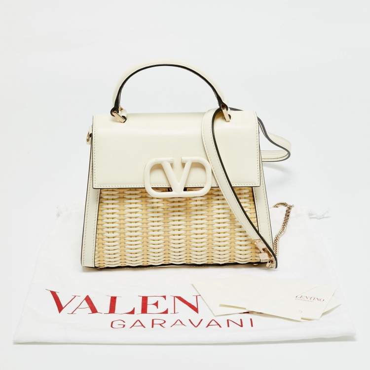 Pre Owned Valentino White/Cream Leather and Raffia Woven VSling Top Handle Bag