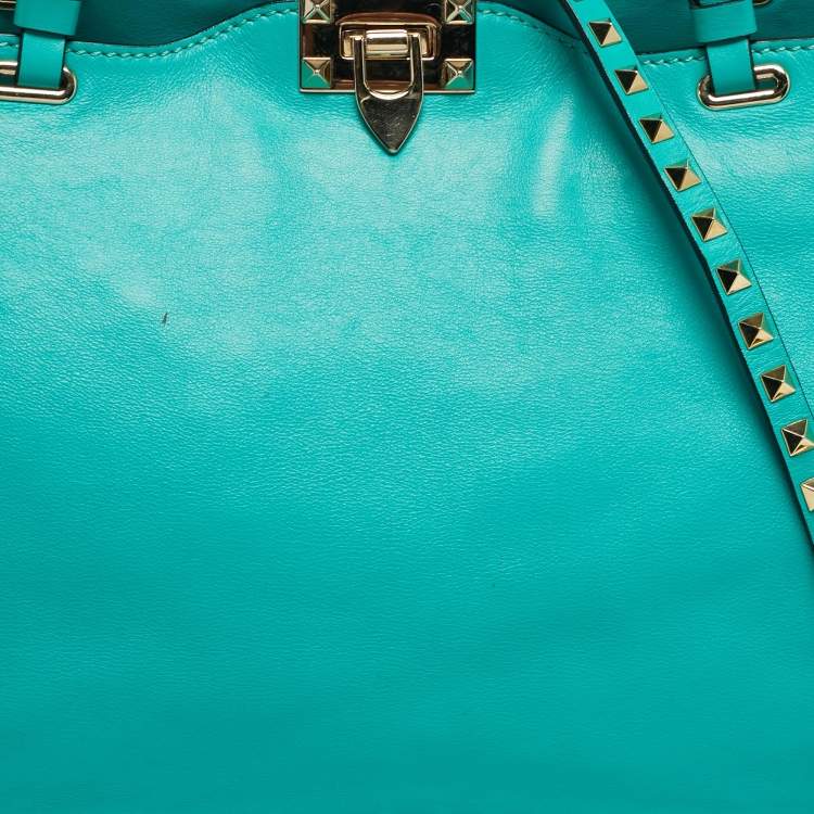 Pre Owned Valentino Green Leather Medium Rockstud Trapeze Tote