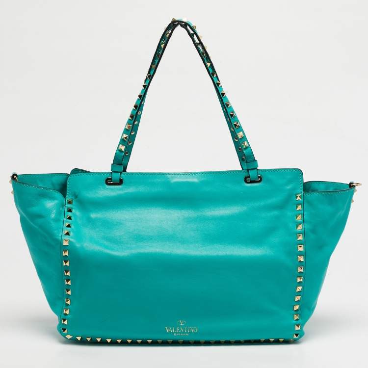 Pre Owned Valentino Green Leather Medium Rockstud Trapeze Tote