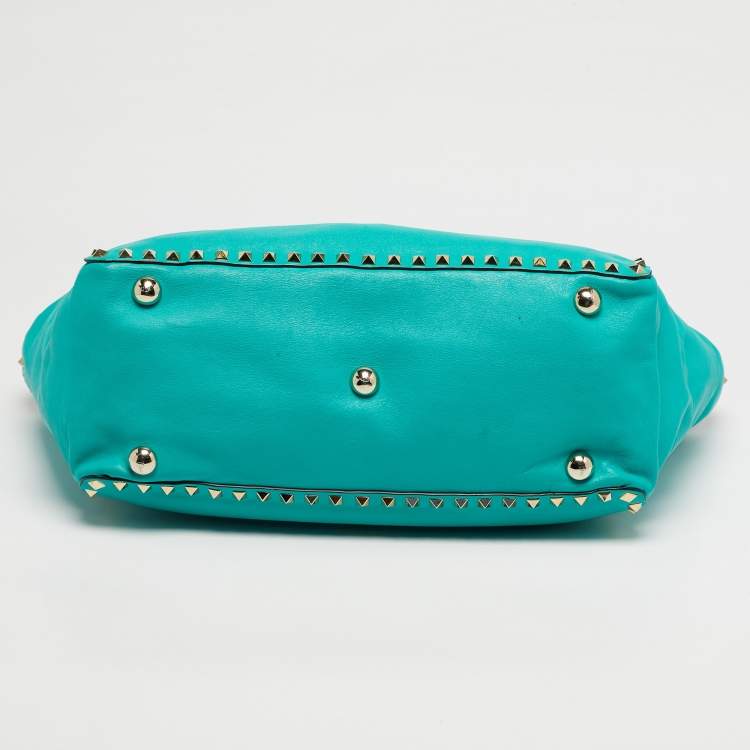 Pre Owned Valentino Green Leather Medium Rockstud Trapeze Tote