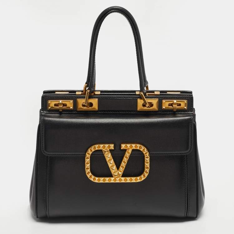 Pre Owned Valentino Black Leather Medium Alcove Rockstud Top Handle Bag