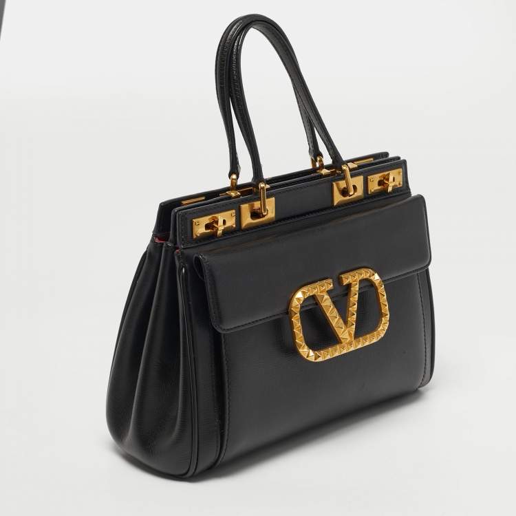 Pre Owned Valentino Black Leather Medium Alcove Rockstud Top Handle Bag