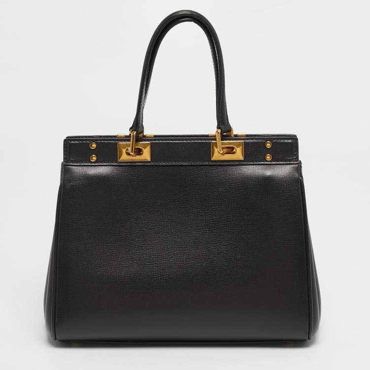 Pre Owned Valentino Black Leather Medium Alcove Rockstud Top Handle Bag