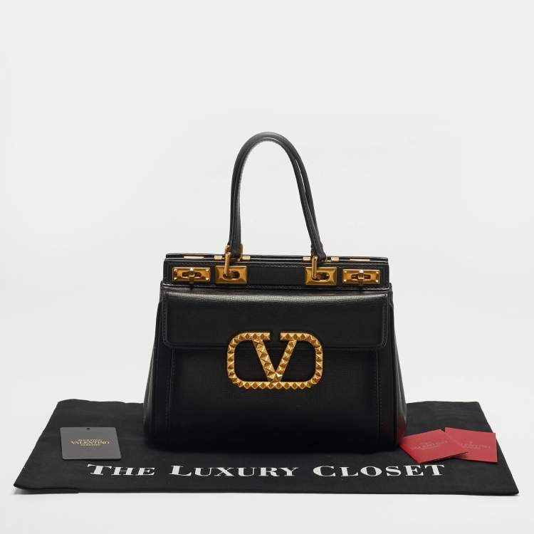 Pre Owned Valentino Black Leather Medium Alcove Rockstud Top Handle Bag