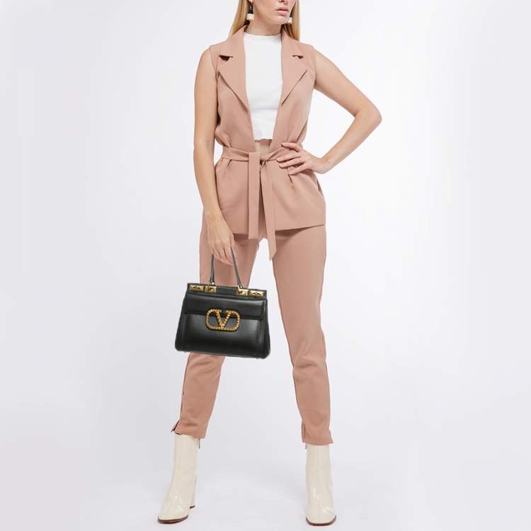 Pre Owned Valentino Black Leather Medium Alcove Rockstud Top Handle Bag