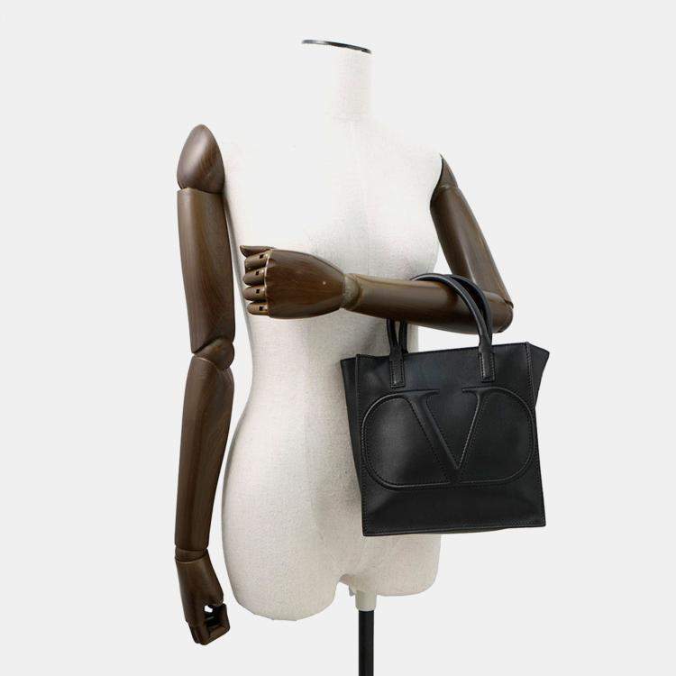 Pre Owned Valentino Garavani V Logo Walk 2-Way Bag Black Leather Size Small