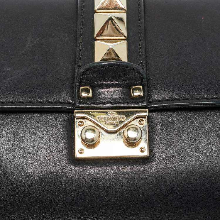 Pre Owned Valentino Glam Lock Small Black Leather Shoulder Bag