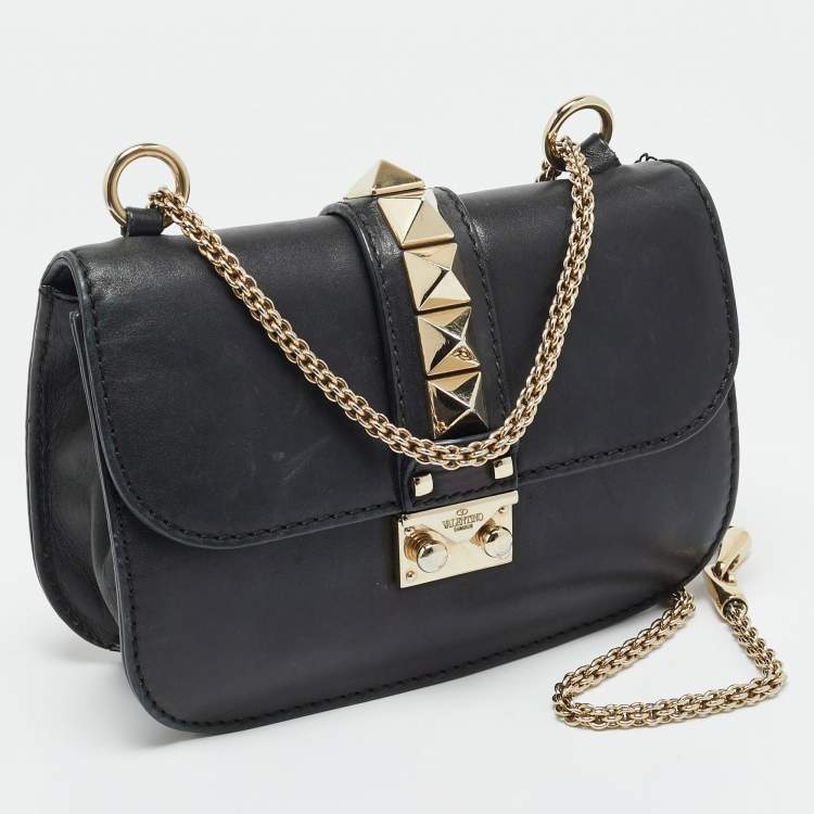 Pre Owned Valentino Glam Lock Small Black Leather Shoulder Bag
