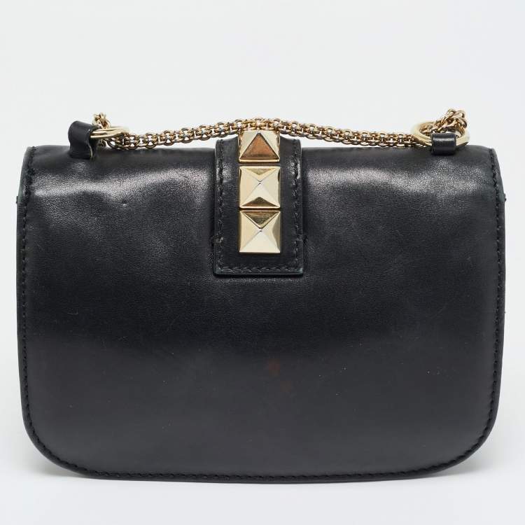 Pre Owned Valentino Glam Lock Small Black Leather Shoulder Bag