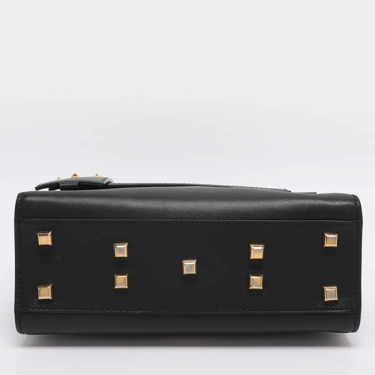 Pre Owned Valentino Embellished Flap Black Leather Top Handle Bag