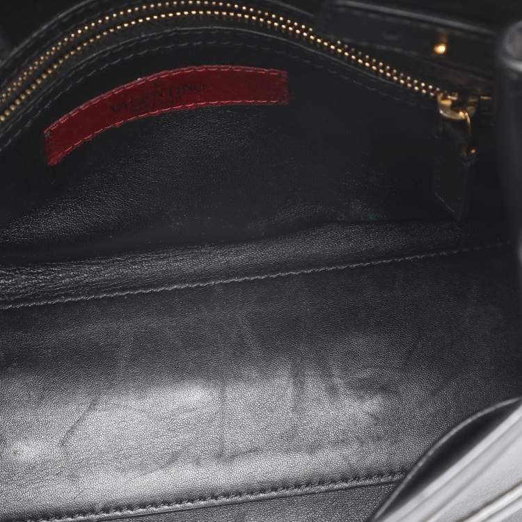 Pre Owned Valentino Embellished Flap Black Leather Top Handle Bag