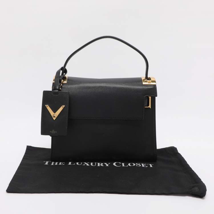 Pre Owned Valentino Embellished Flap Black Leather Top Handle Bag