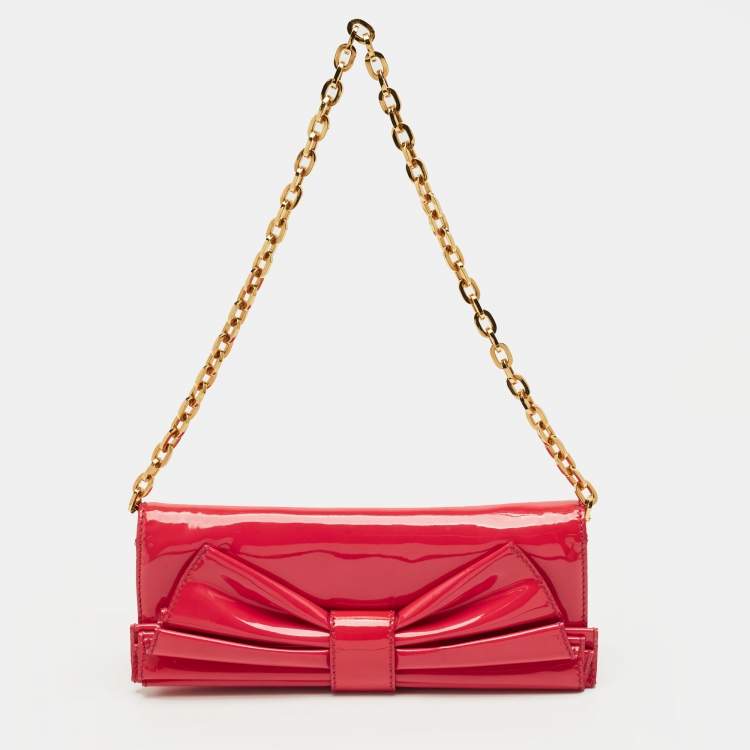 Pre Owned Valentino Bow Pink Patent Leather Chain Clutch