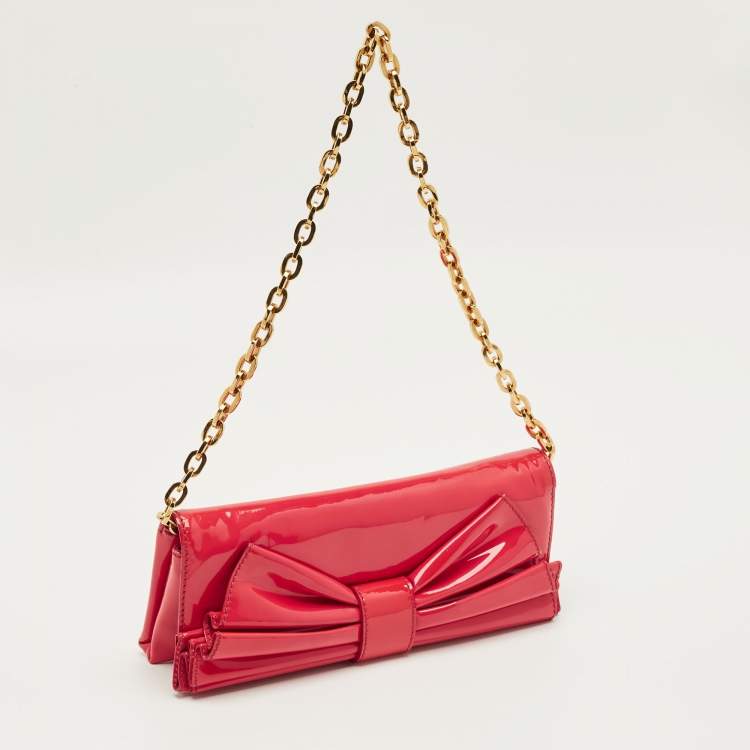 Pre Owned Valentino Bow Pink Patent Leather Chain Clutch