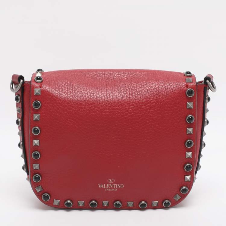 Pre Owned Valentino Rolling Rockstud Red Leather Shoulder Bag