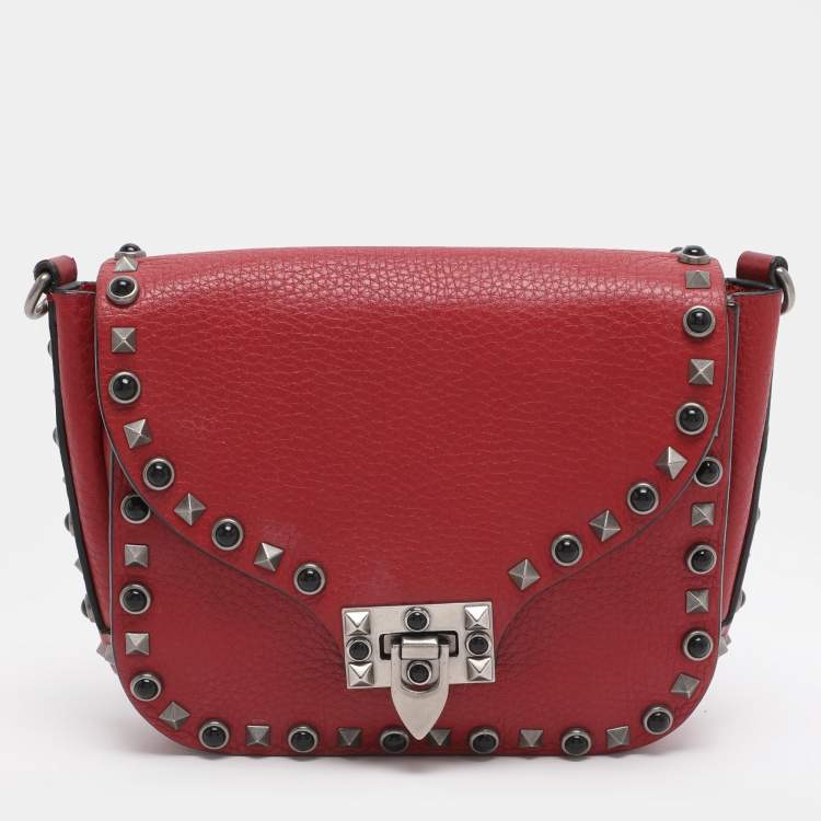 Pre Owned Valentino Rolling Rockstud Red Leather Shoulder Bag