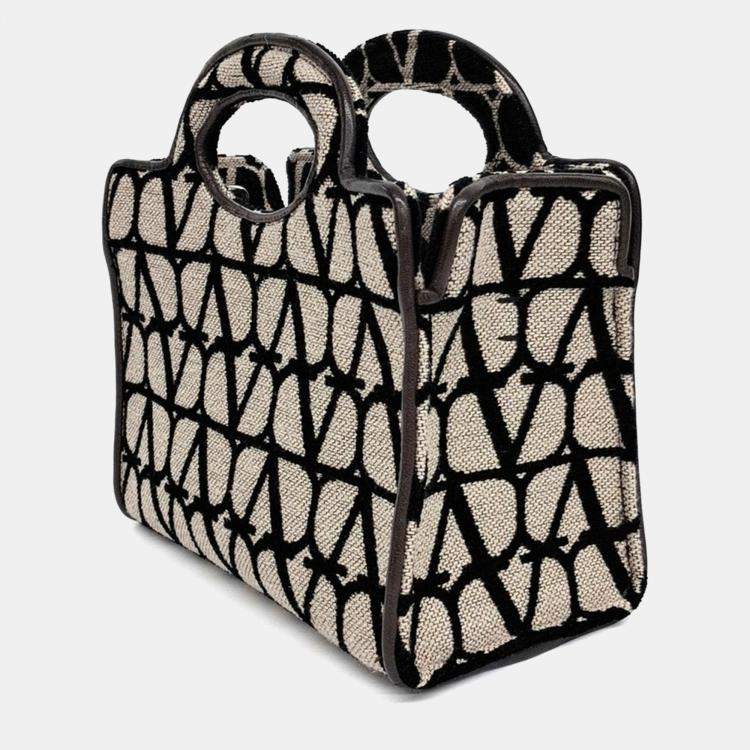 Pre Owned Valentino Beige/Black Fabric Iconography Tote and Shoulder Bag