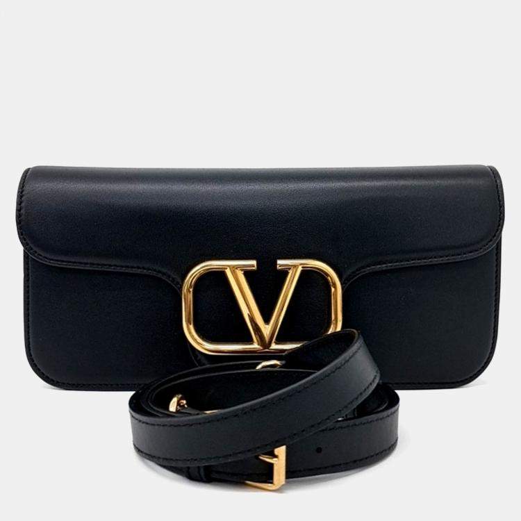 Pre Owned Valentino Black Leather V-ring shoulder bag