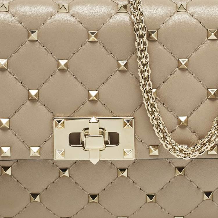 Pre Owned Valentino Rockstud Spike Beige Quilted Leather Chain Shoulder Bag