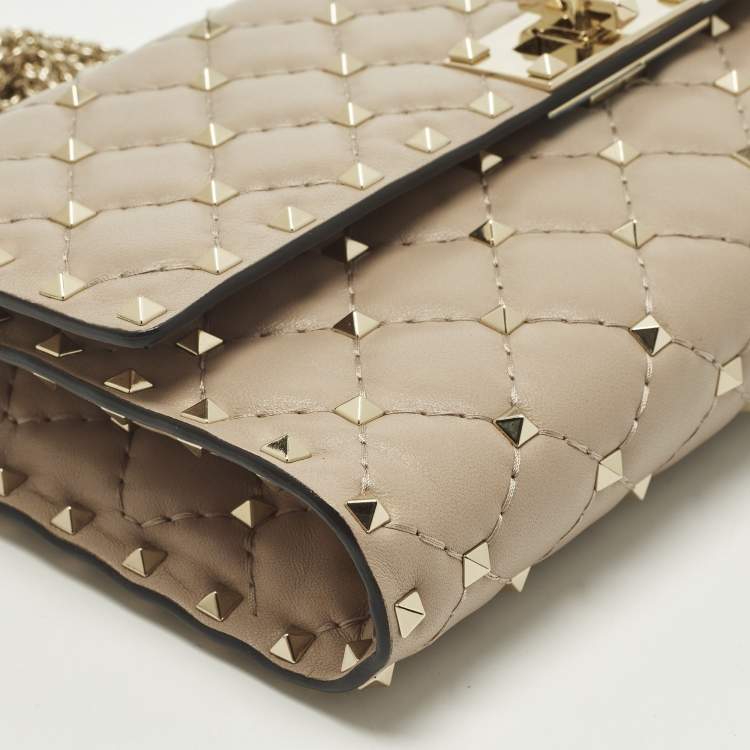 Pre Owned Valentino Rockstud Spike Beige Quilted Leather Chain Shoulder Bag