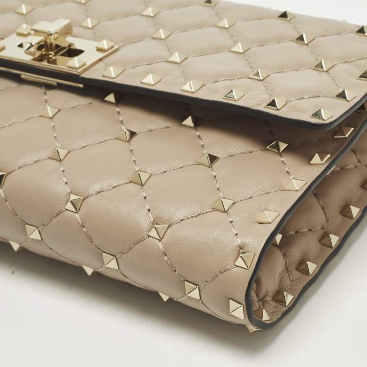 Pre Owned Valentino Rockstud Spike Beige Quilted Leather Chain Shoulder Bag