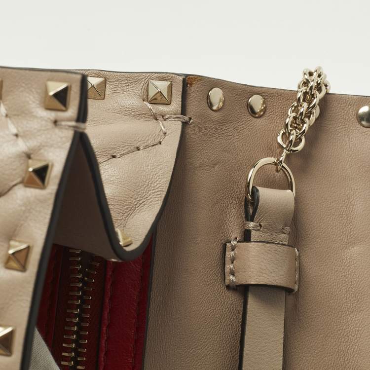 Pre Owned Valentino Rockstud Spike Beige Quilted Leather Chain Shoulder Bag