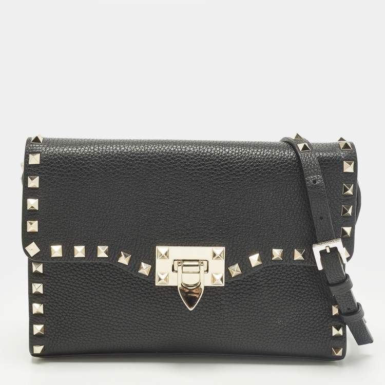 Pre Owned Valentino Rockstud Small Black Leather Crossbody Bag