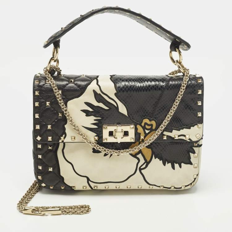 Pre Owned Valentino Rockstud Black/Off White Leather and Snakeskin Trim Flower Crossbody Bag