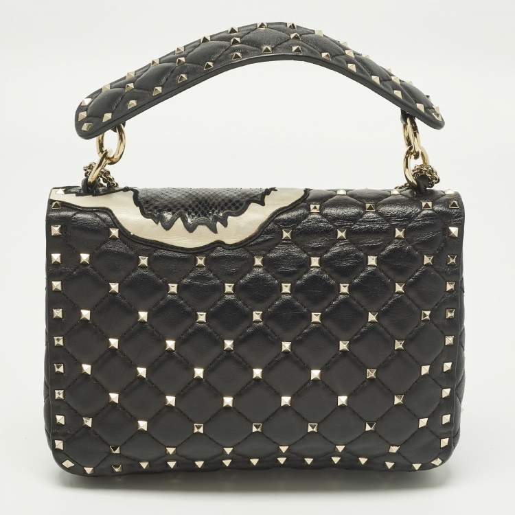 Pre Owned Valentino Rockstud Black/Off White Leather and Snakeskin Trim Flower Crossbody Bag